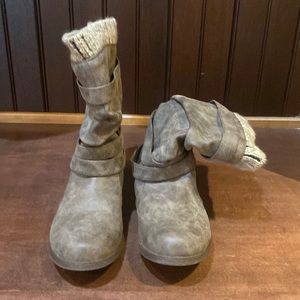 Light brown mid height boots with buckled on side from JustFab